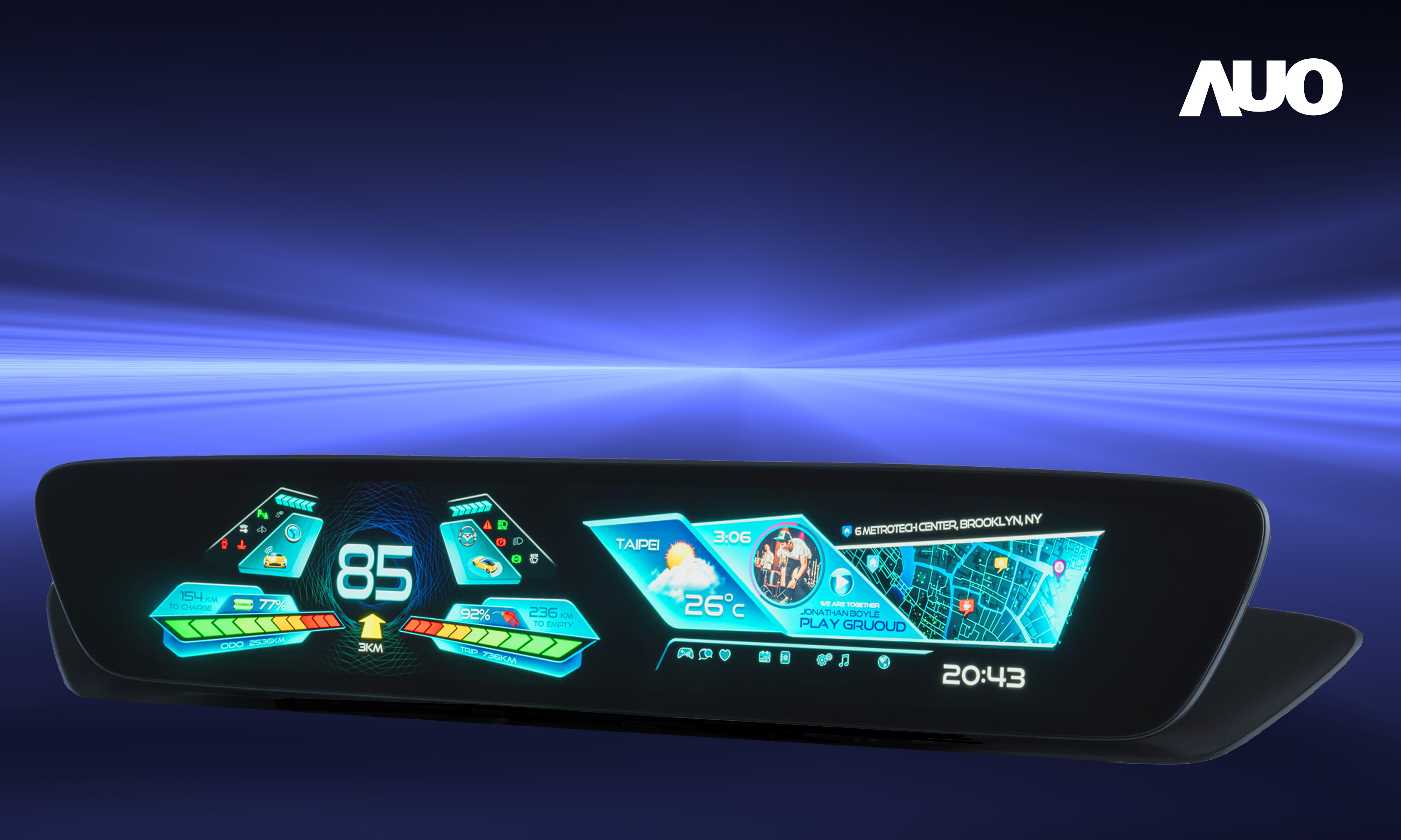 友達30.4吋異形曲面AmLED車載顯示系統，為一兼具儀表板及中控台人機介面的創新車載顯示系統，結合美學設計，提升車內科技沉浸感及使用體驗，讓車載顯示的未來應用更加多元化