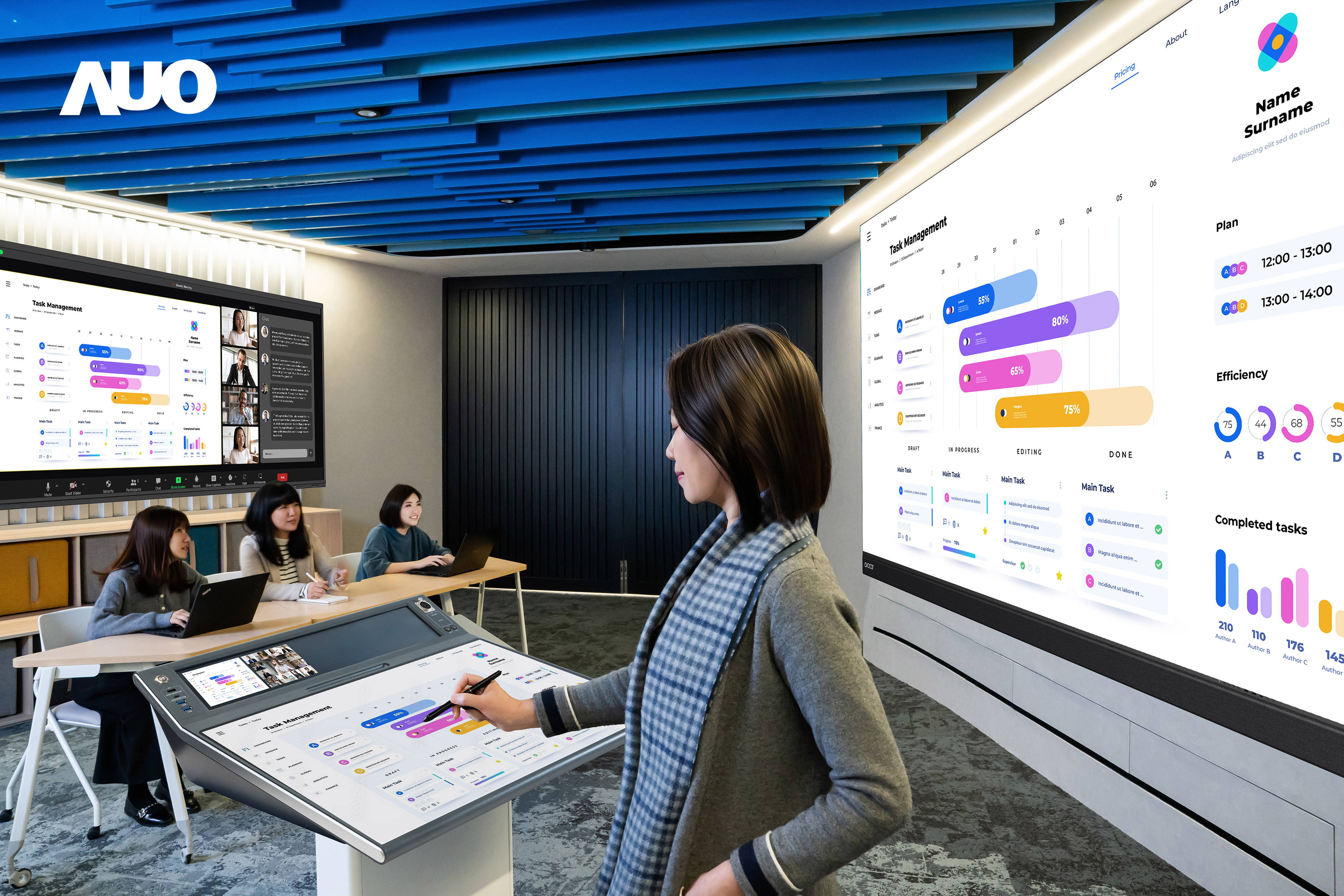 达擎携手Avocor与Rise Vision展示全方位商务领域应用，包含采用模块化设计的138吋一体式All-in-One LED显示器及具21:9超宽比例的92吋交互式电子白板（IFPD），讲者可轻松分享内容，有效提升会议协作效率。